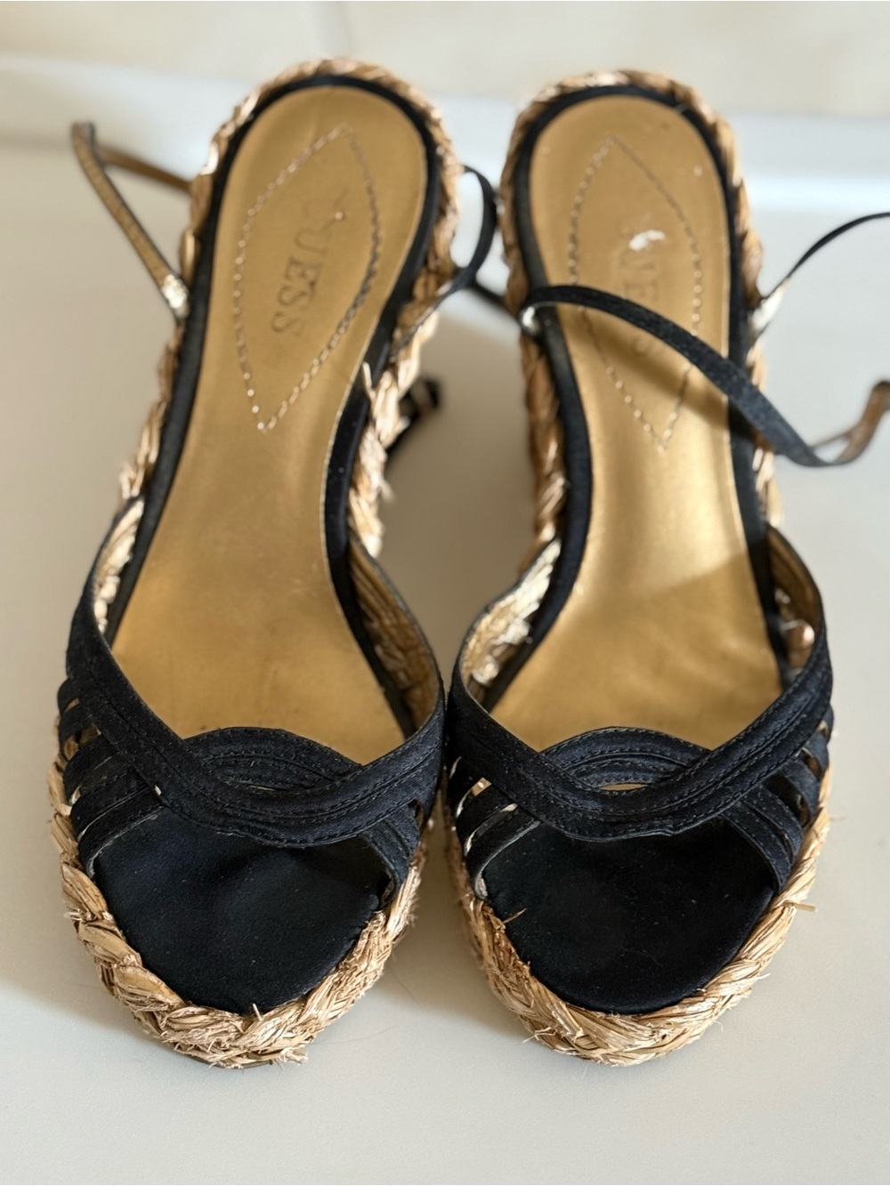 GUESS Black and Natural Espadrille Wedge Sandals